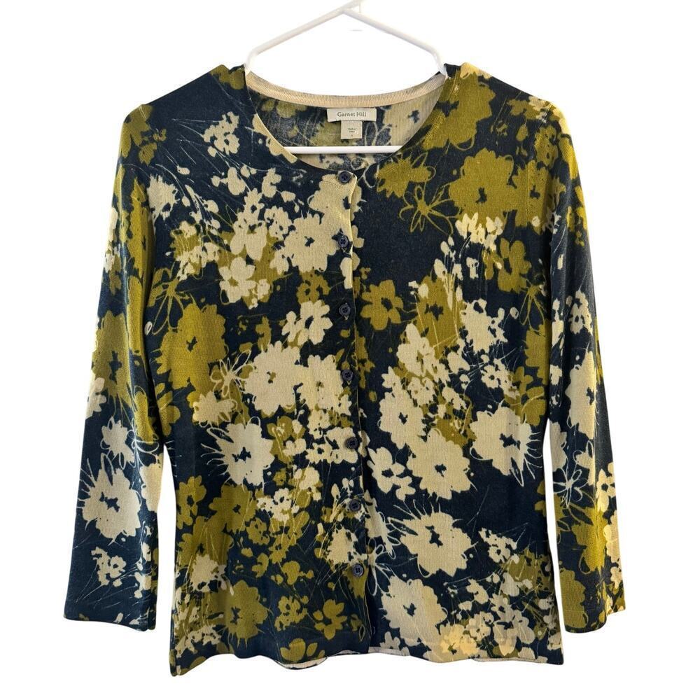 Garnet Hill Merino Wool 3/4 Sleeve Lightweight Women’s Floral Cardigan Small